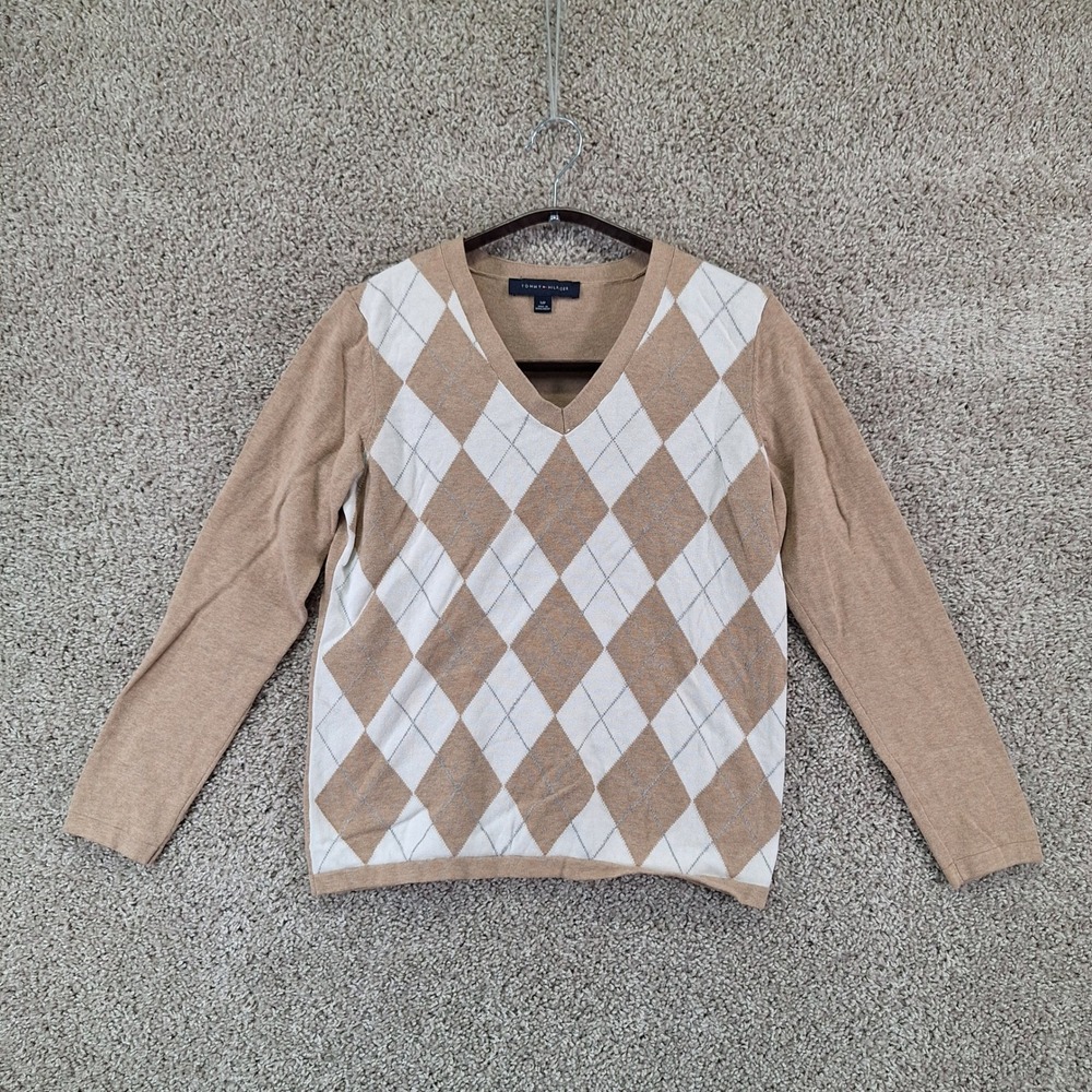 Tommy Hilfiger Sweater Womens Small Tan Argyle V-Neck Preppy Classic